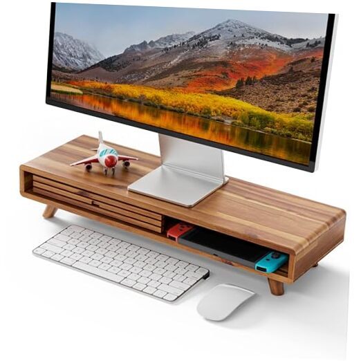Acacia Monitor Stand Riser with Sliding Door - Wooden Monitor Riser for Desk-image