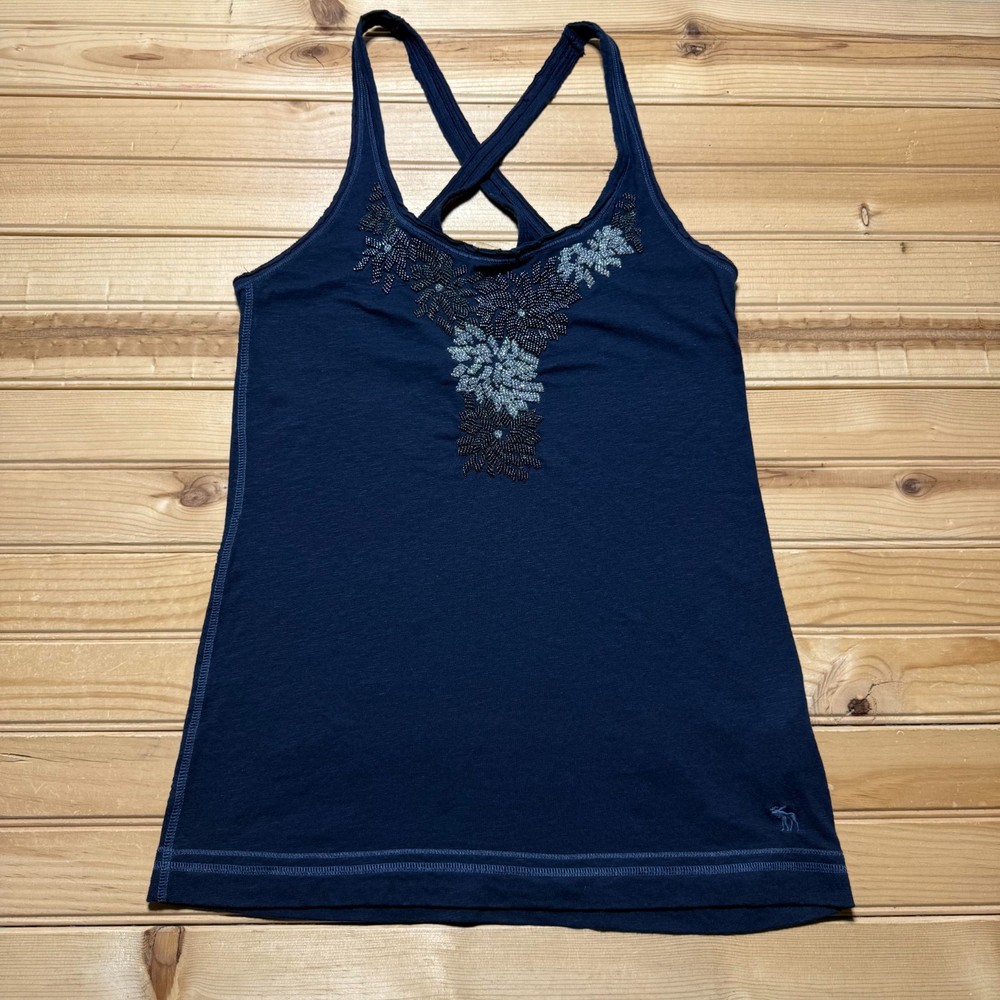 Abercrombie & Fitch Embroidered Logo Beaded Floral Criss Cross Tank Top - Large