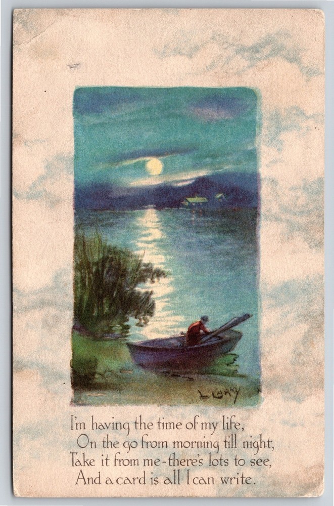 Gibson Art~Boat On Lake At Night & Greeting Poem~Vintage Postcard