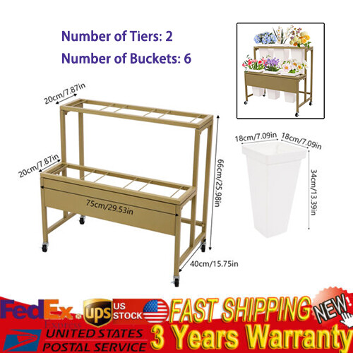 Flower Display Stand with 6 Buckets 2-tier Flower Metal Display Stand w/ Wheels