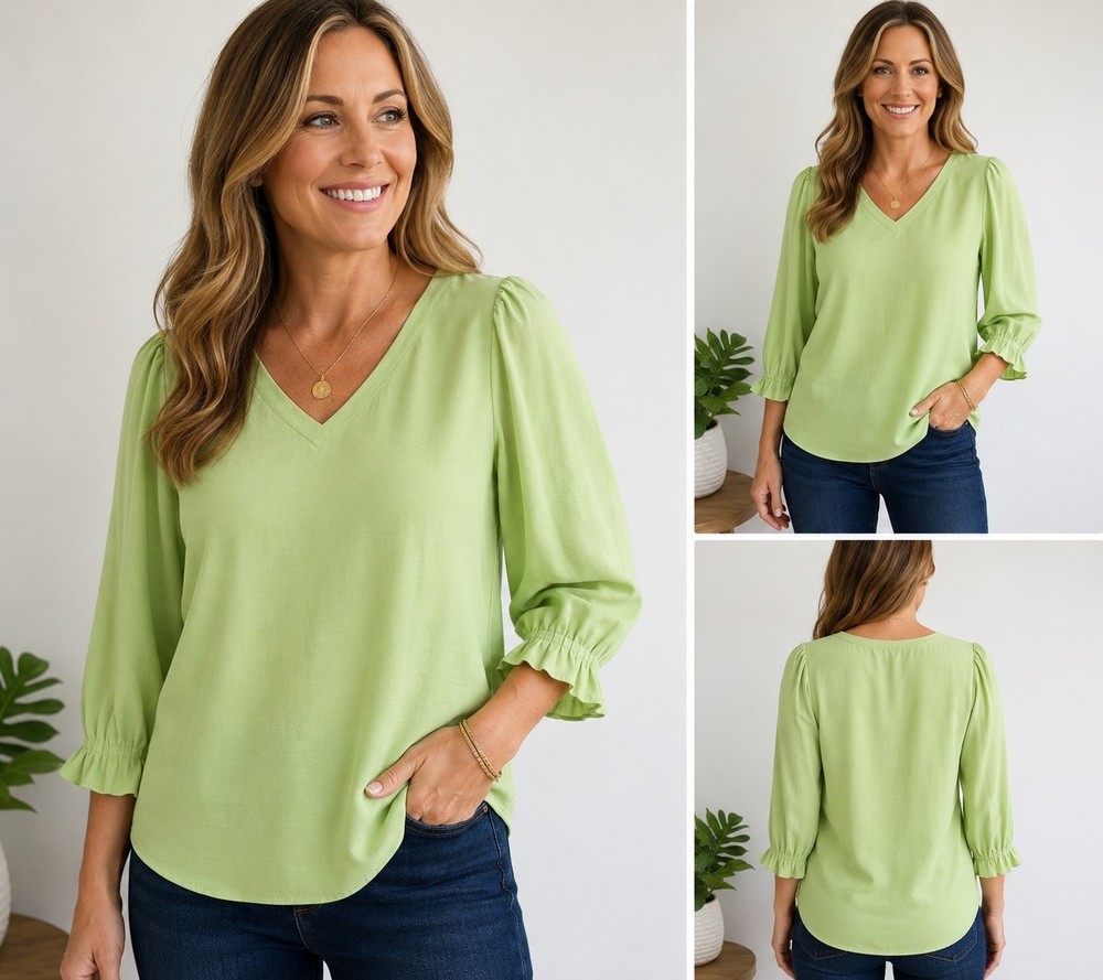 Worthington Women’s L Lime Green V-Neck Blouse Puff Sleeve Career Top