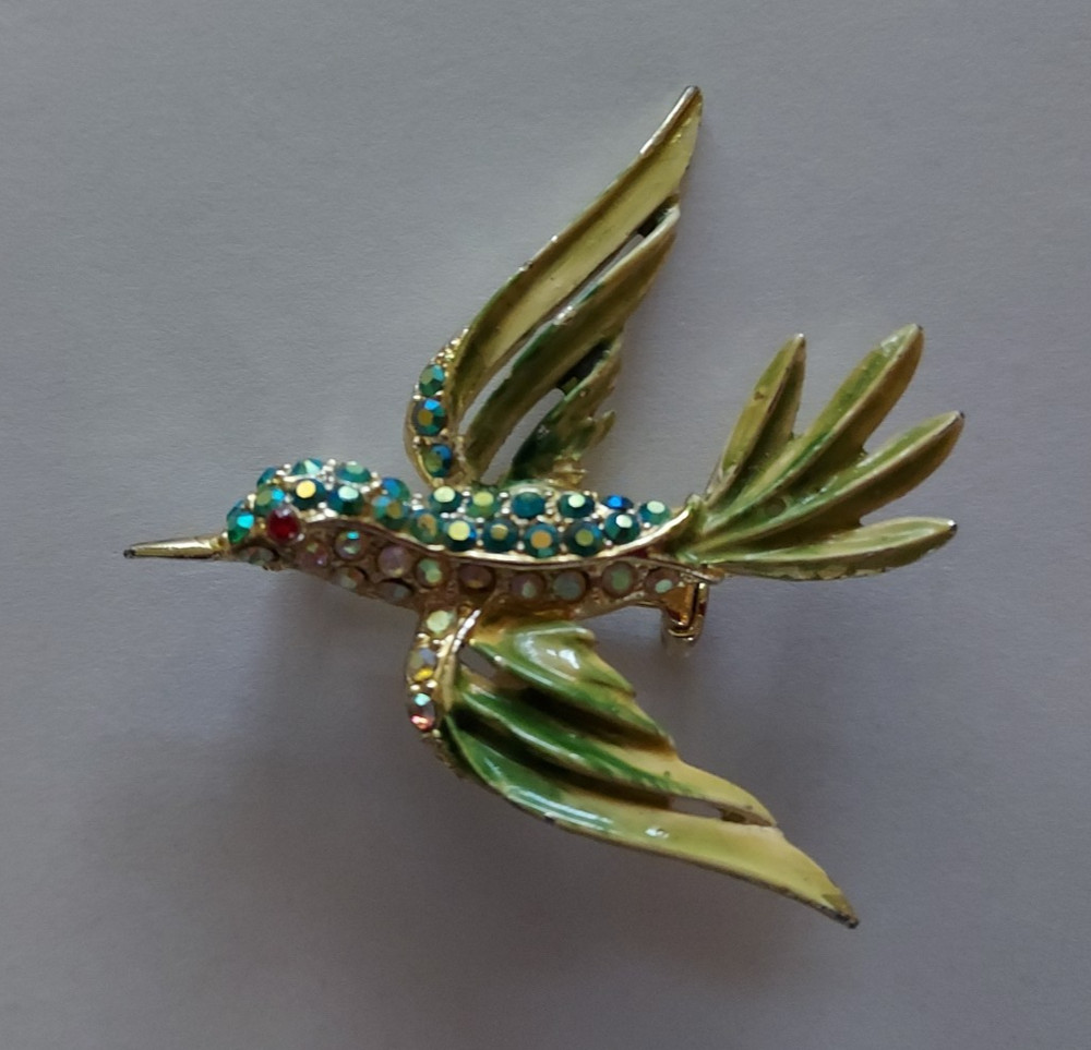 Hummingbird Rhinestone Pin Aurora Borealis Enamel Vintage Bird Brooch