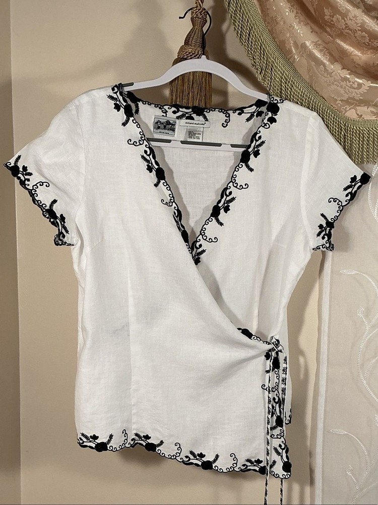 White Wrap Blouse with Black Floral Embroidery 100% linen Sz Large