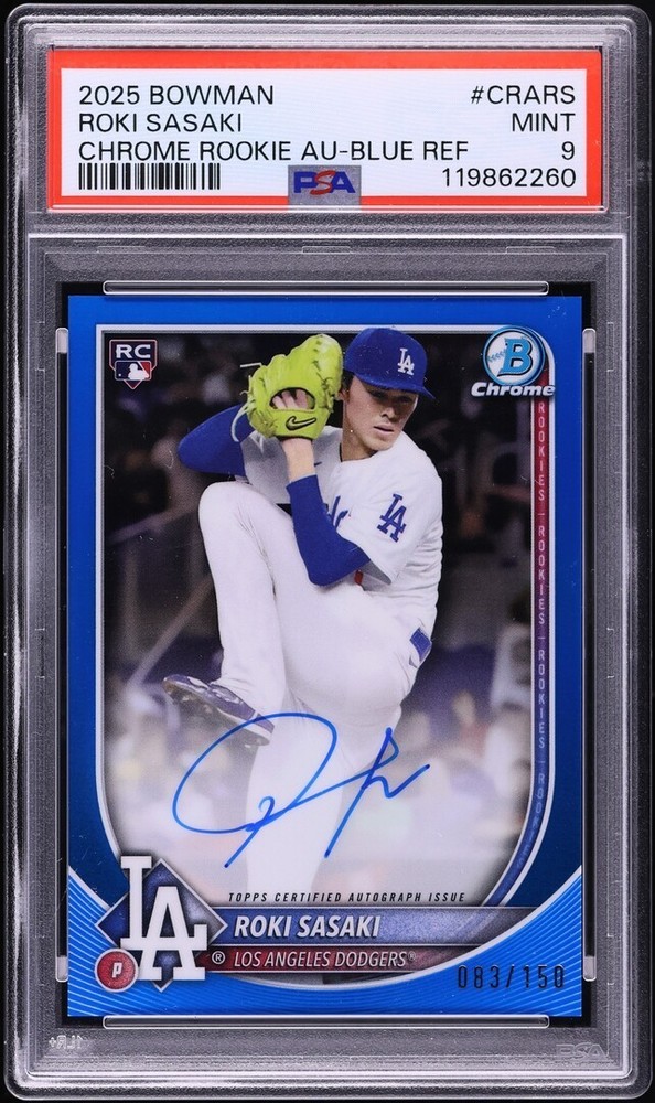 Roki Sasaki 2025 Bowman Chrome Blue Ref Rookie Auto /150 PSA 9