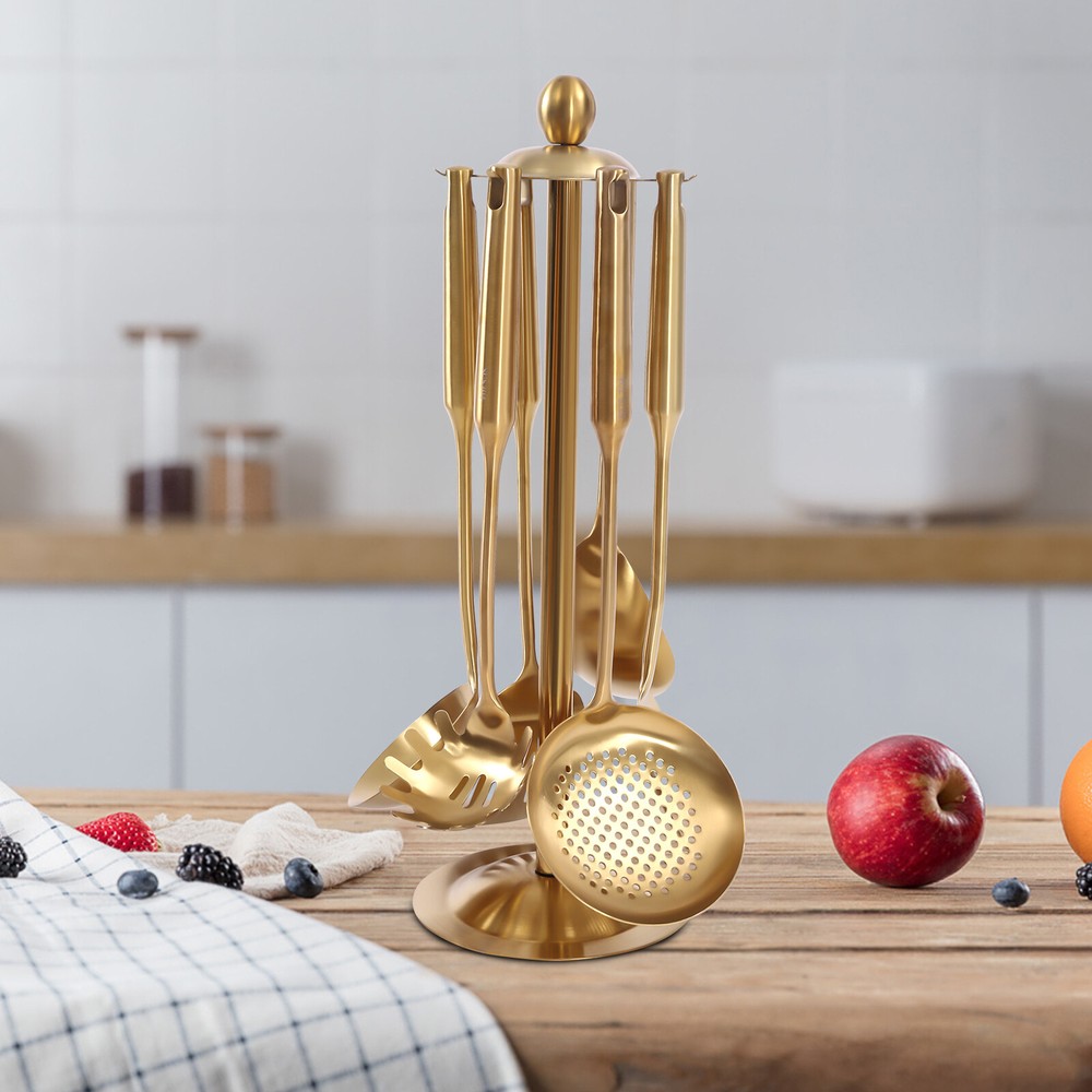 Gold Kitchen Utensils Set with Stand – 7 Piece 304 Stainless Steel Cooking Tool
