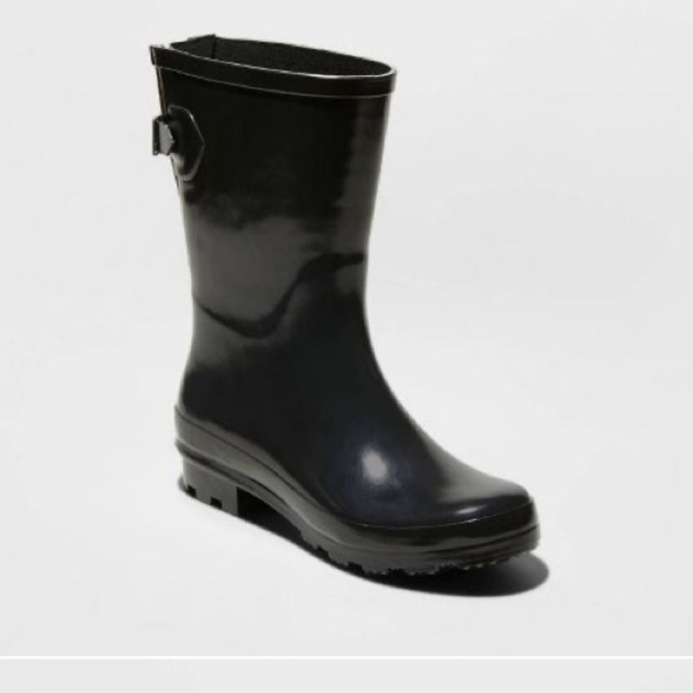 Black Shiny Rain Boots Women's Size 6 Waterproof Buckle Design by a•new•day Vicky