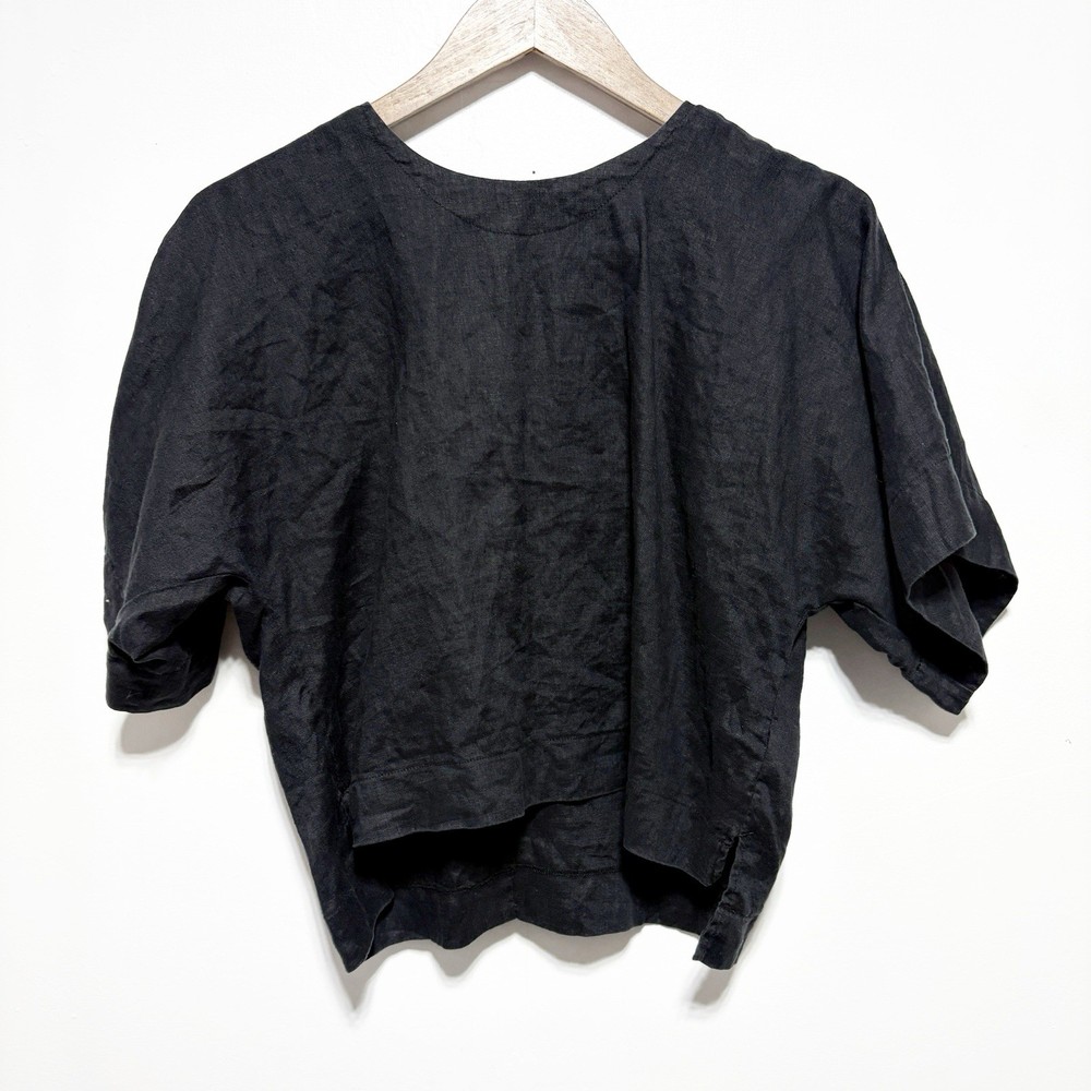 DKNY Pure Blouse Womens XS Black Linen Short Sleeve Cropped Career Lightweight