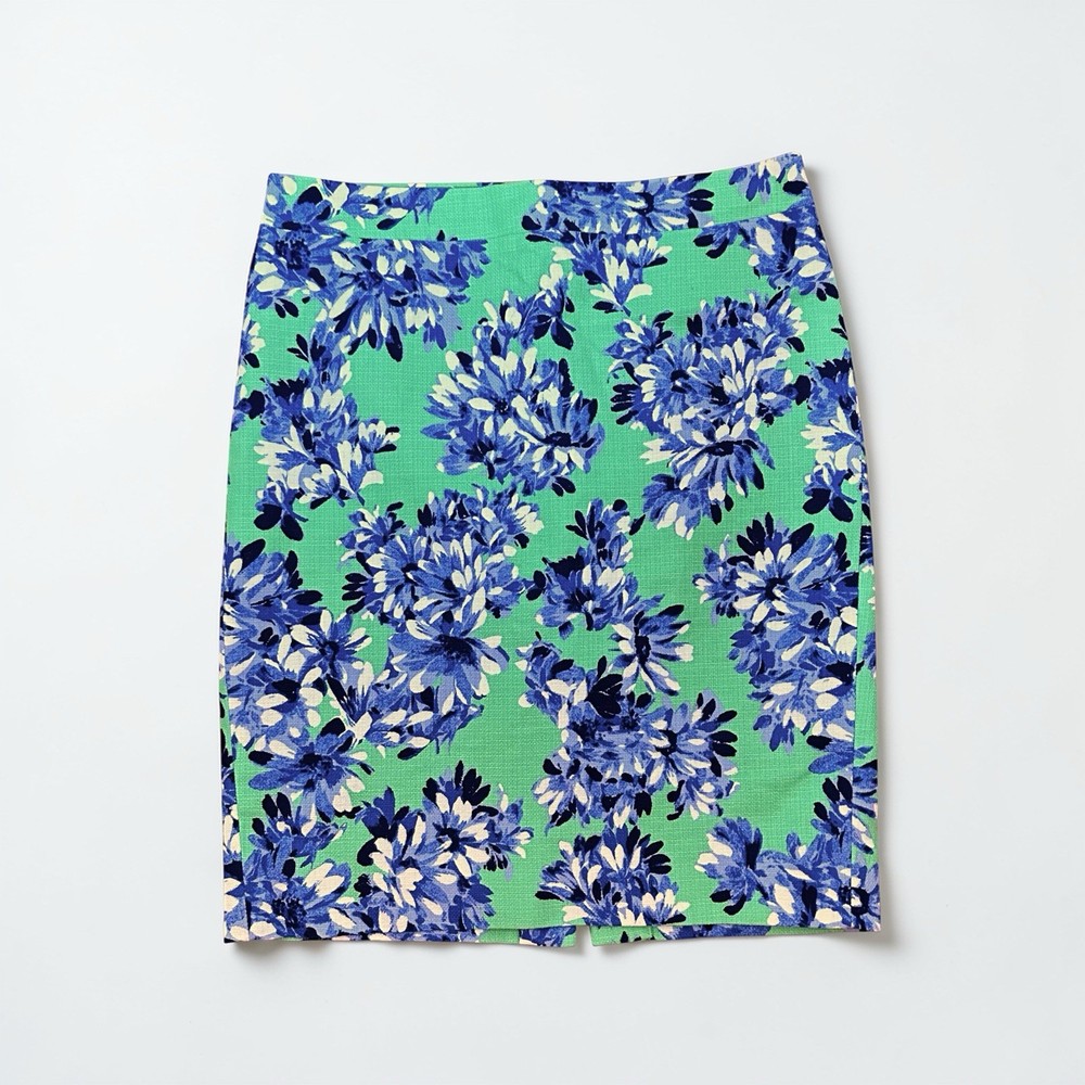 J. CREW Green & Blue THE PENCIL SKIRT in Basketweave Roz Floral Print 0 XS