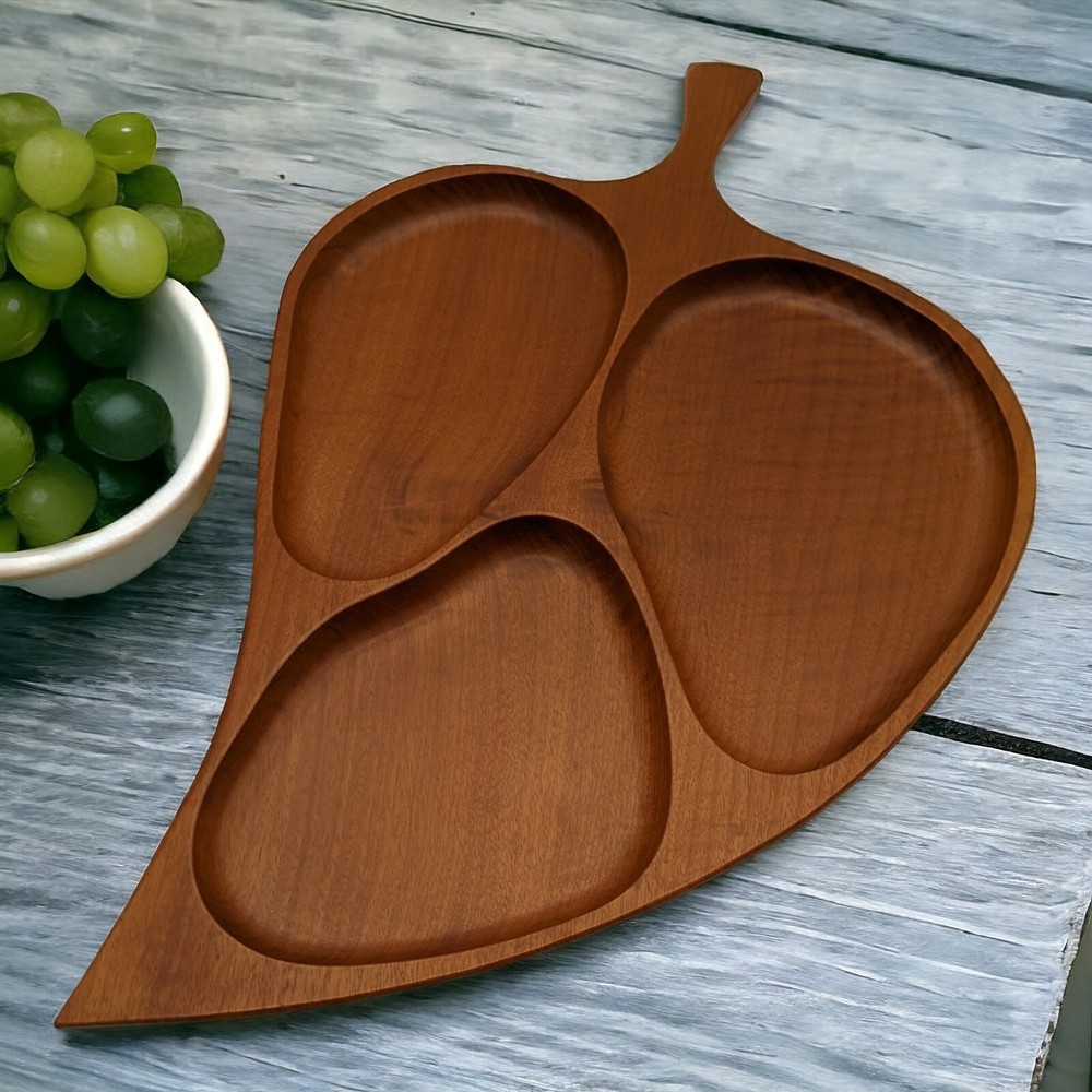 Handcrafted Acacia or Teak Wood Boho Leaf-Shaped 3-Section Serving Tray-image