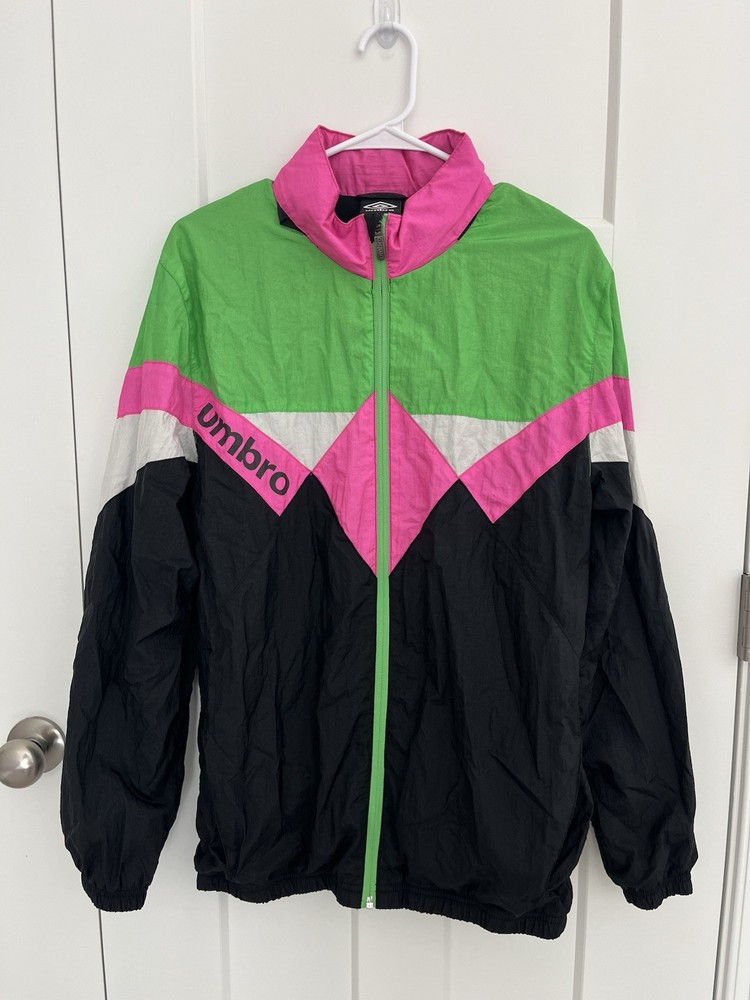 Vintage Umbro Men’s Medium Windbreaker Jacket Black Green Pink Colorblock 90s