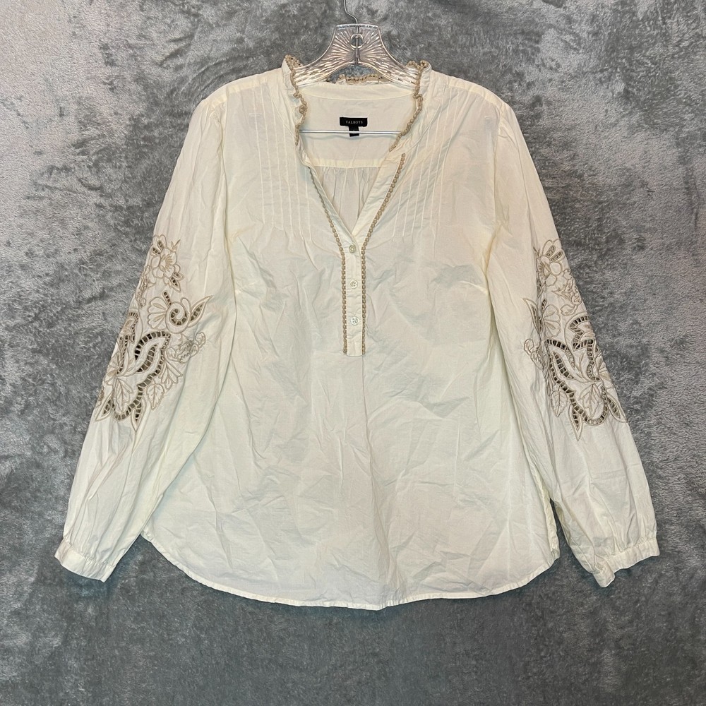 Talbots Women Embroidered Sleeve Poplin Top Size L Cream Boho Chic Feminine
