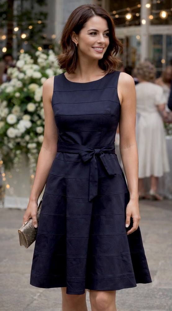 Calvin Klein Navy Fit & Flare Dress Size 8 Cotton Stretch Waist Tie Lined EUC