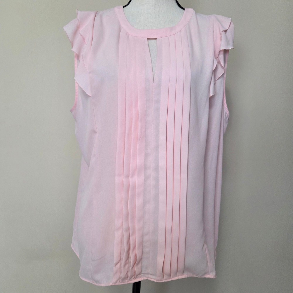 NWT Elle XL Pullover Sheer Pintuck Front Soft Ruffle Sleeve Top Blouse Pink