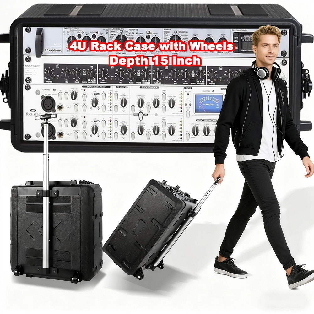 4U Rack Case With wheels,10in Deep,3-Space,HDPE Mat for Standard 19 in DJ Audio