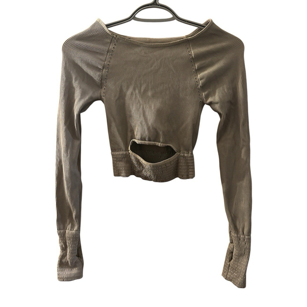 Free People Women’s Gray Ribbed Knit Long Sleeve Scoop Neck Cutout Crop Top XS