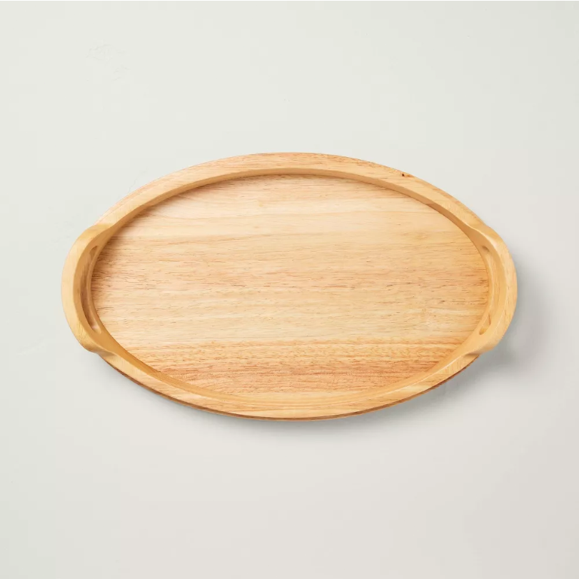 18-inch Round Rubberwood Serving Tray with Sturdy Handles