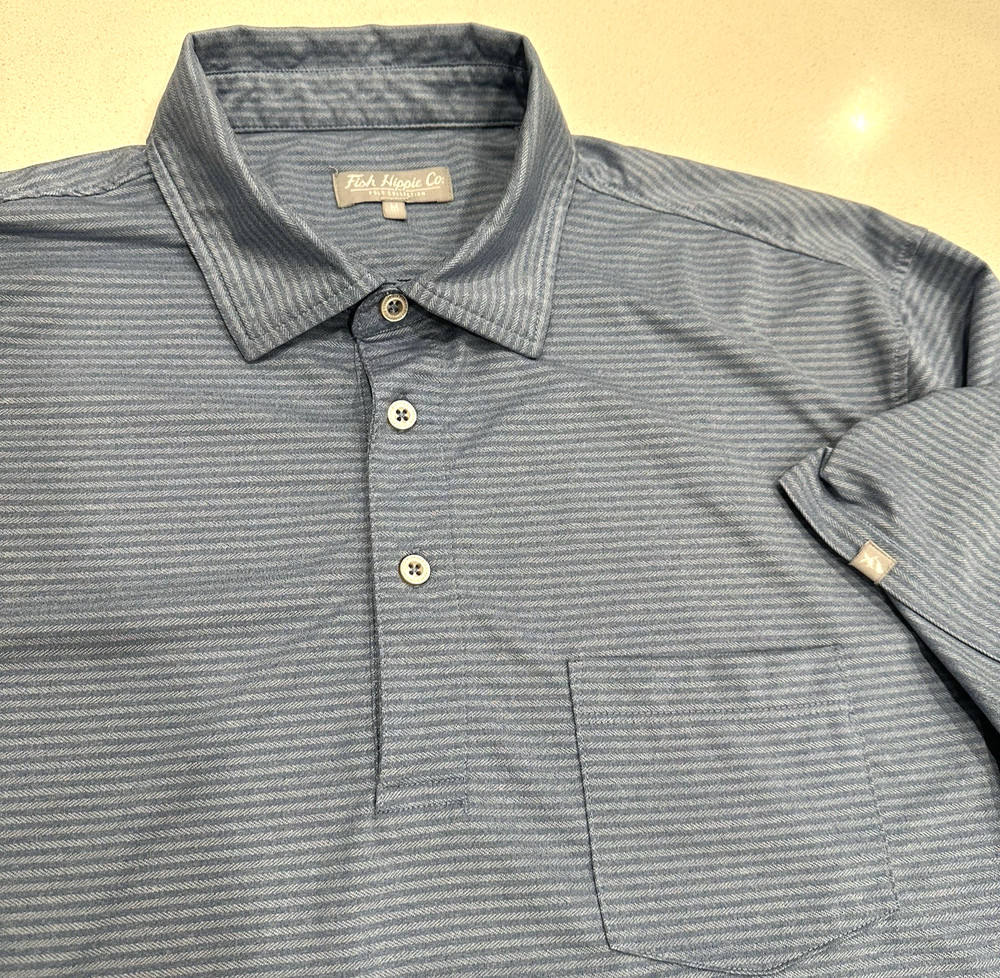 Fish Hippie Co. Polo Shirt Men's Medium Blue Striped Pocket Fish Logo Poly Blend
