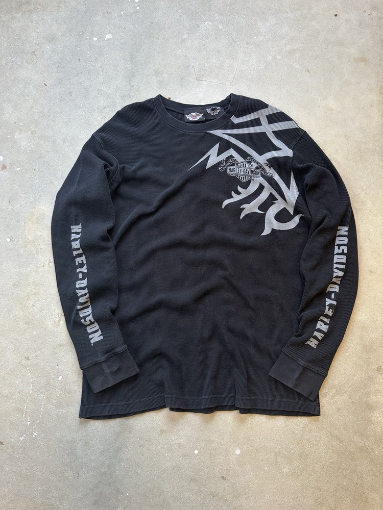 Vintage Harley Davidson Thermal Shirt Size Mens XL Black Eagle USA Waffle Knit