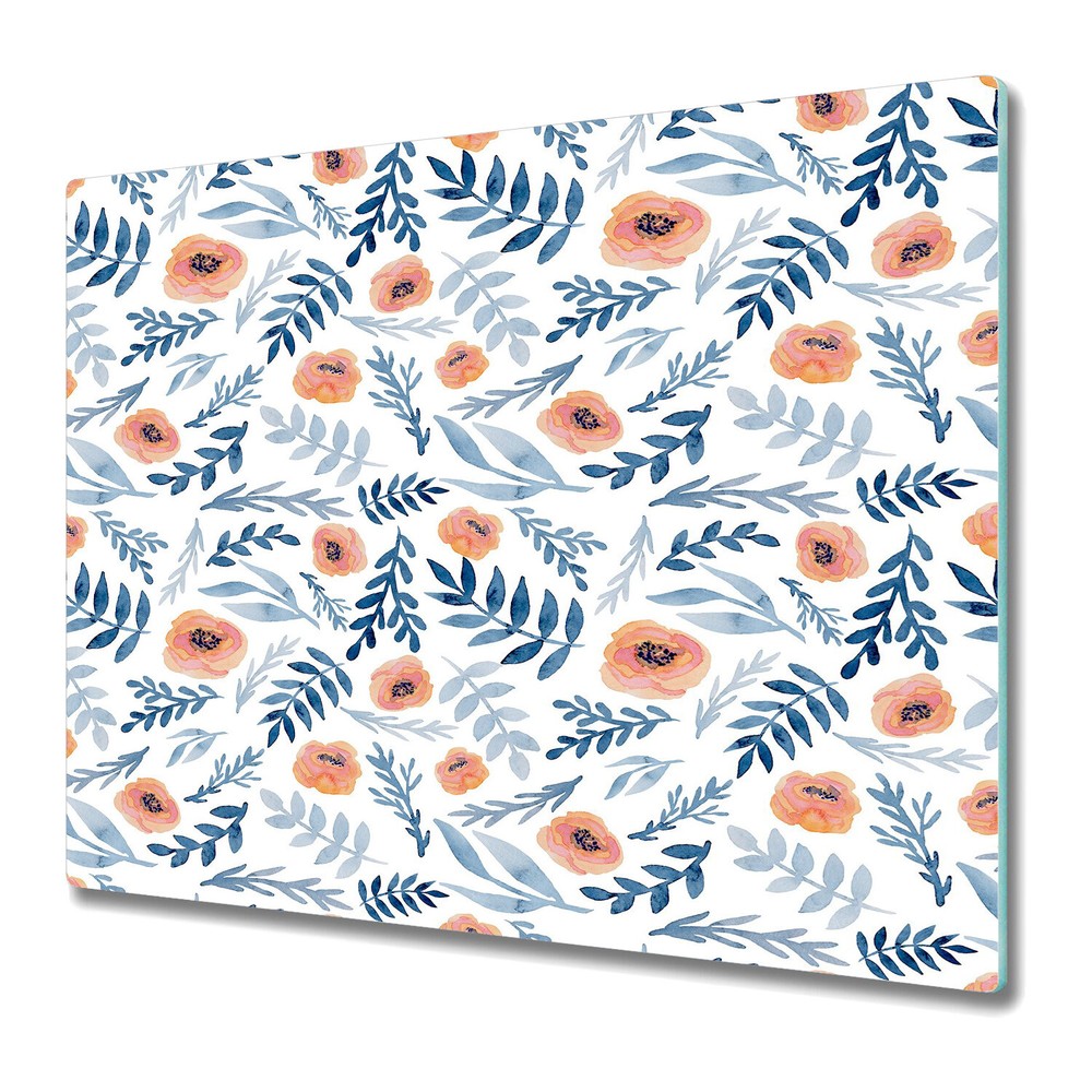 Glass Worktop Saver Blue Red Flowers hand painted Watercolour black and white