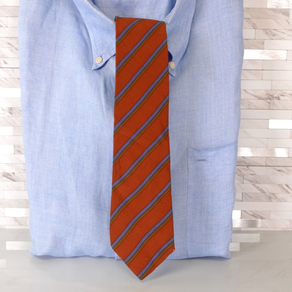Amies Neck Tie Men Orange Blue Striped Silk Classic Suit Business Narrow England
