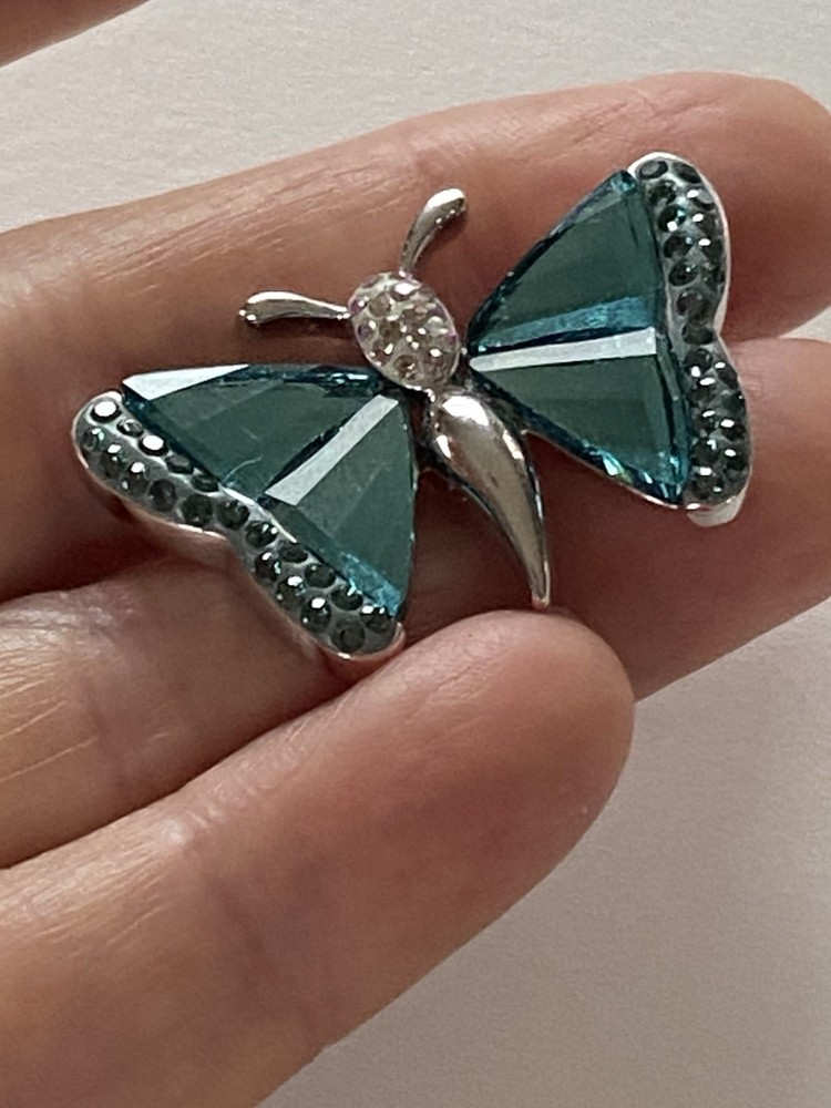 Vtg Swarovski Swan Logo Blue Crystal Silver Tone Butterfly Brooch Pin Perfect