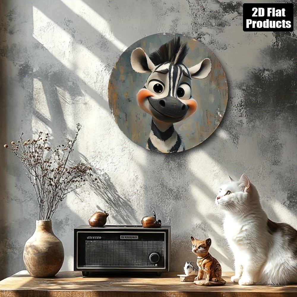 Zebra Themed Round Vintage Style Aluminum Wall Art 8x8 Inch