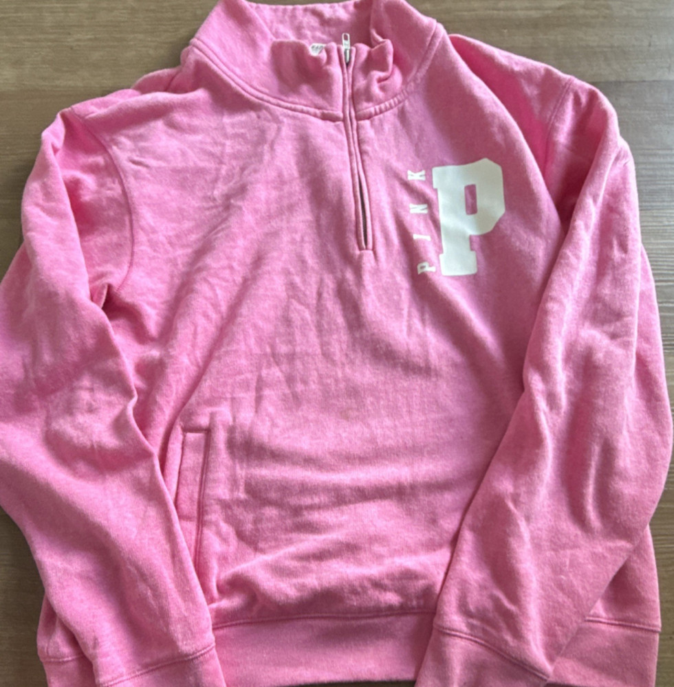 PINK Victoria's Secret Women's Pink 1/4 Zip Fleece Sweatshirt Logo Size L