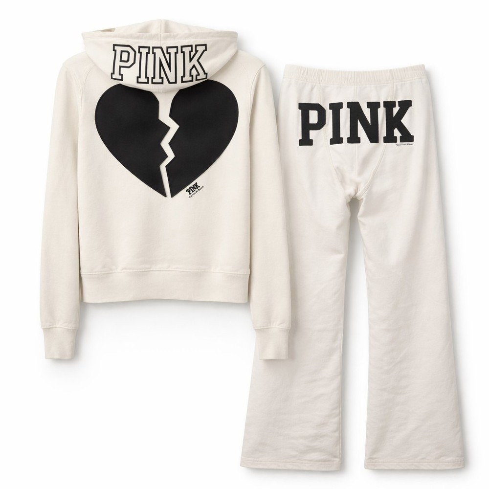 RARE Victoria's Secret PINK Broken Heart White Tracksuit Matching Set Flares S