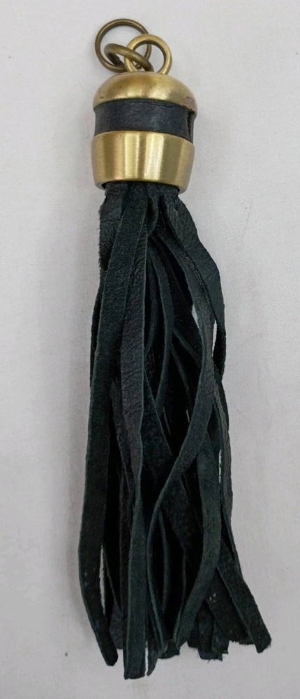 Vintage Original Keychain Brass Tone Black Leather Tassel 6