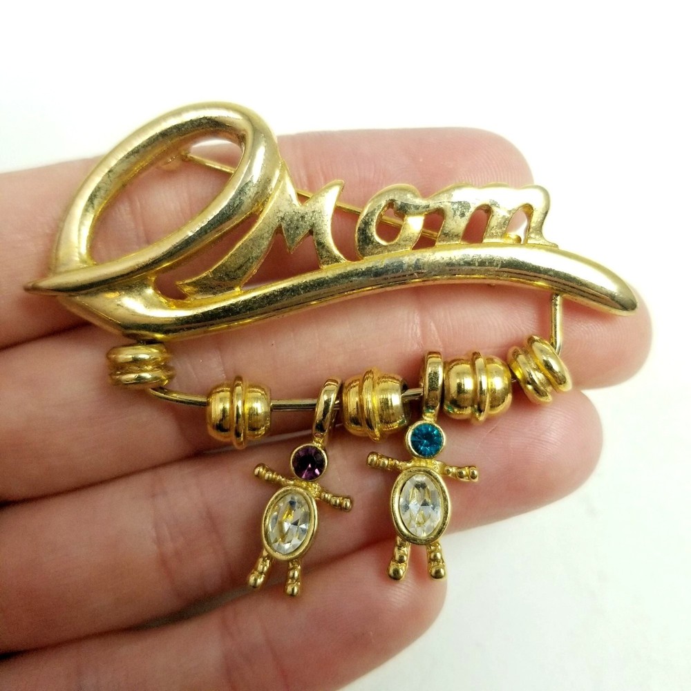 Vintage Mom Brooch with Birthstone Child Charms, Gold Tone Signed K.I.S, Estate