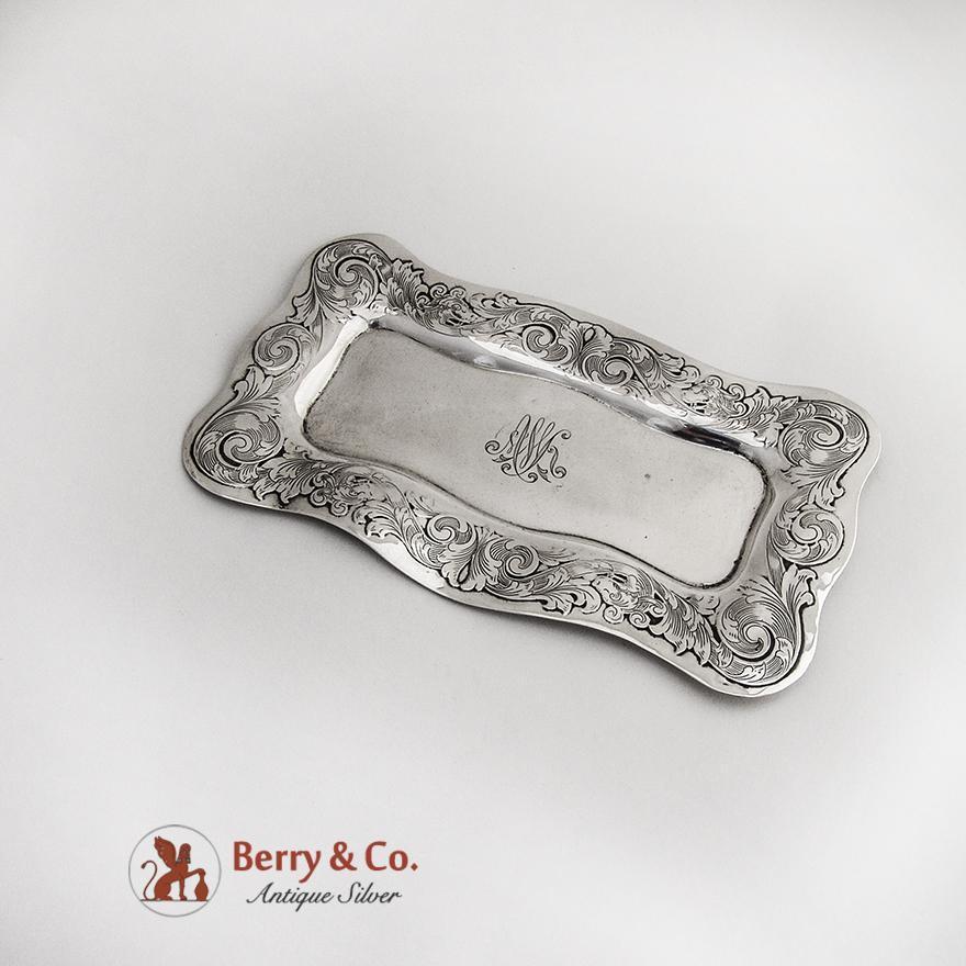 Acid-etched sterling silver dresser tray by Shreve Co circa 1910 monogram AMK-image