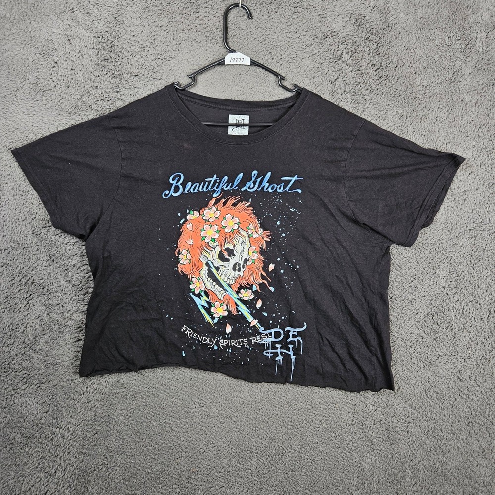 Ed Hardy Beautiful Ghost Skull Graphic Cropped T-Shirt Black XXL Y2K Tattoo Art