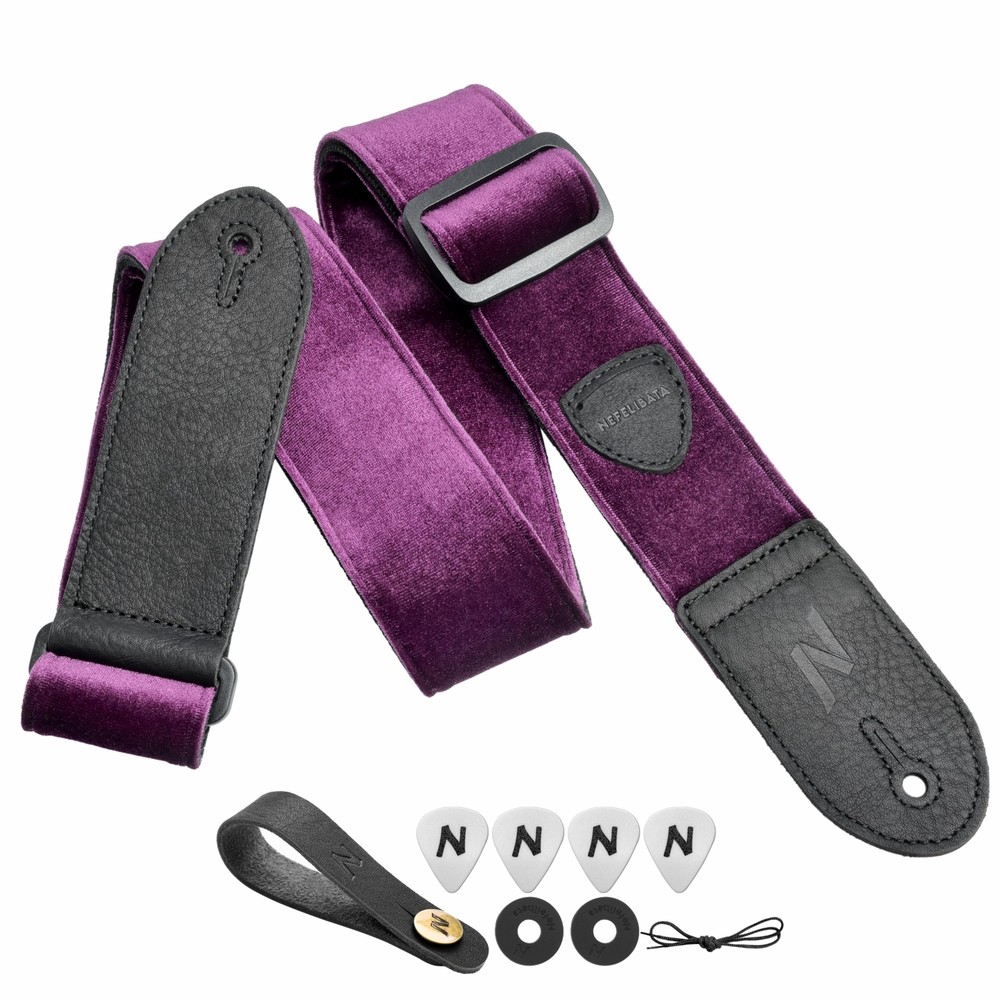 Guitar Strap,Double Full-Grain Leather Ends,Vintage Velvet Strap/FREE BONUS-4...