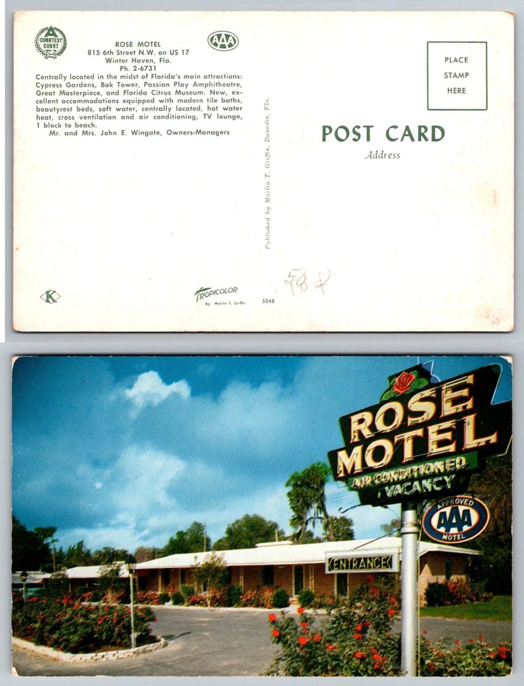 Vintage Rose Motel Winter Haven Florida Postcard 1950s Roadside AAA Approved