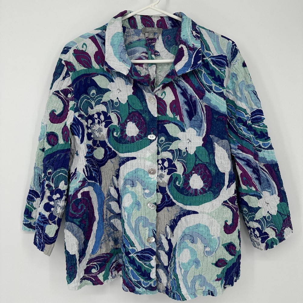 Habitat Womens Medium Paisley Crinkle Button Front 3/4 Sleeve Shirt Multicolor