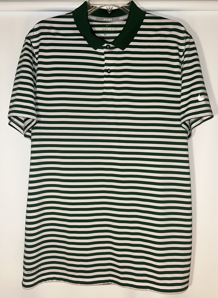 Nike Golf Men's (M) Dri-Fit Green White Logo Striped Short Sleeve Polo Shirt