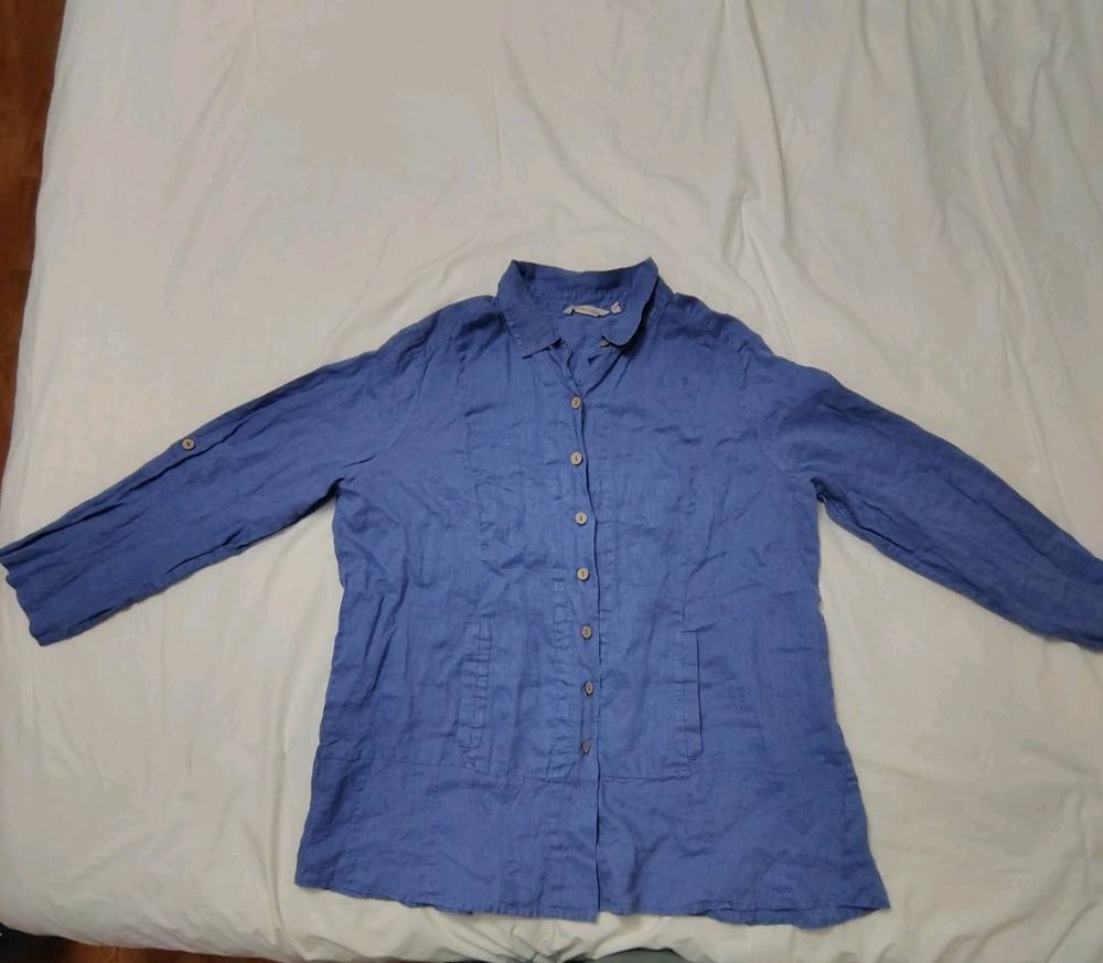 Soft Surroundings 100% Linen Top Womens 2X Blue Button Up Tunic Made in USA