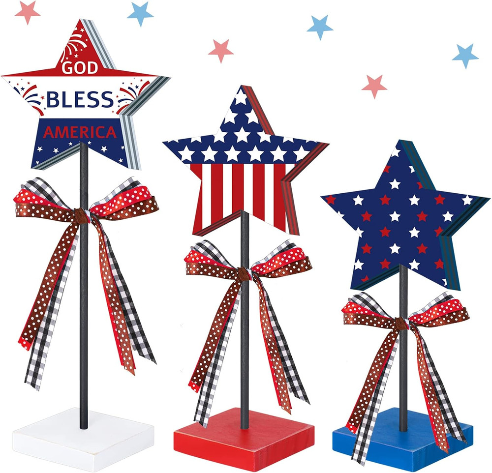 3 Pcs 4Th of July Table Decorations, Patriotic Wooden Centerpieces with 250Th Re