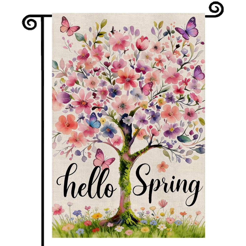 Hello Spring Garden Flag 12x18 Inch Double Sided, Seasonal Flowers Tree Farmh...