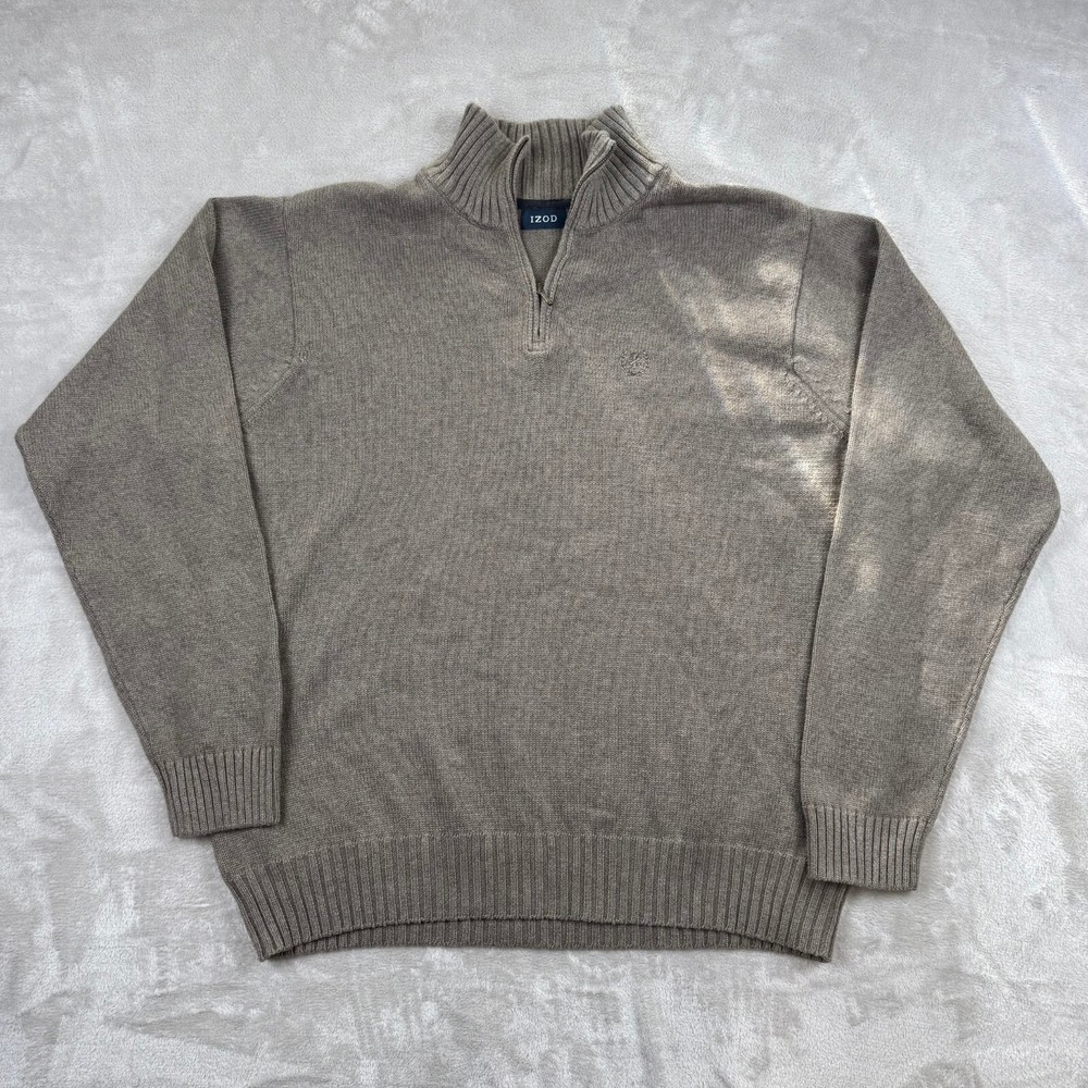 Izod Knit Sweater Men's L Brown 1/4 Zip Mock Neck Pullover Fleece Crest Logo
