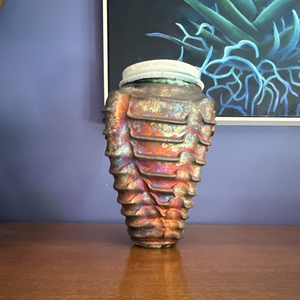 Handmade Raku Glaze Abstract Ceramic Vase Signed 2004 Multicolor Decorative Art