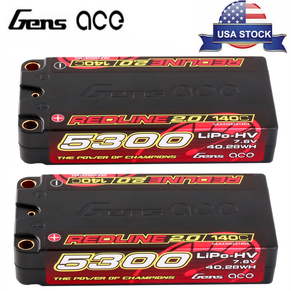2X Gens Ace Redline 5300mAh 7.6V 140C 2S Lipo Battery HardCase HV Shorty For Car-image