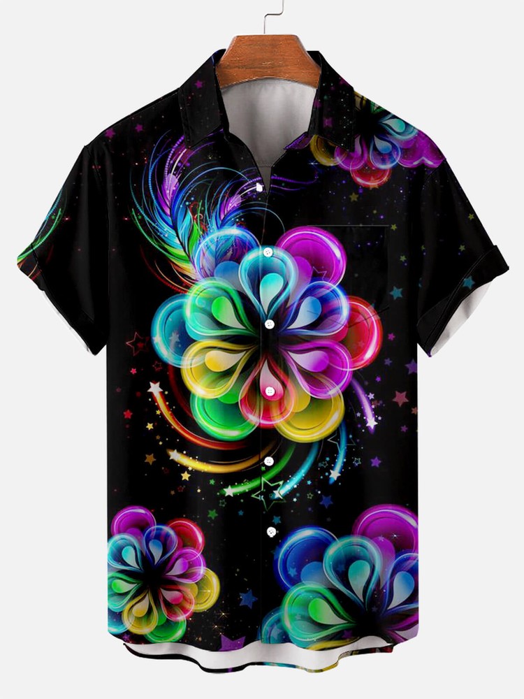 Mens Hawaiian Floral Colorblock Print Short Sleeve Shirt