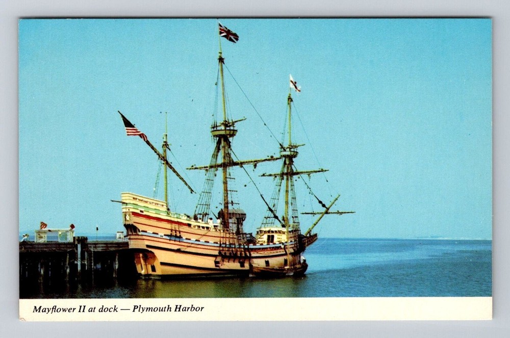 Plymouth MA-Massachusetts, Mayflower II at Dock Plymouth Harbor Vintage Postcard