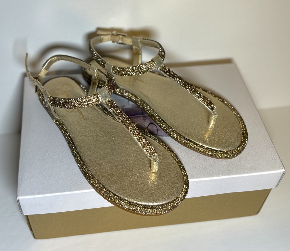 Jessica Simpson Women's Oliara T-Strap Sandals Champagne Gold Sparkle Size 6 NEW