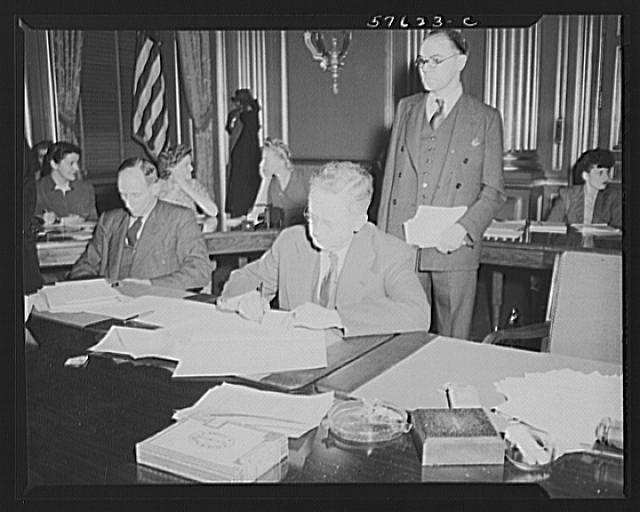 Photo:1930s Council Meeting Men Signing Documents Boardroom Interior