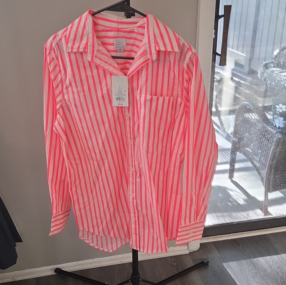 A New Day S Pink White Striped Button-Up Collared Long Sleeve Shirt Regular