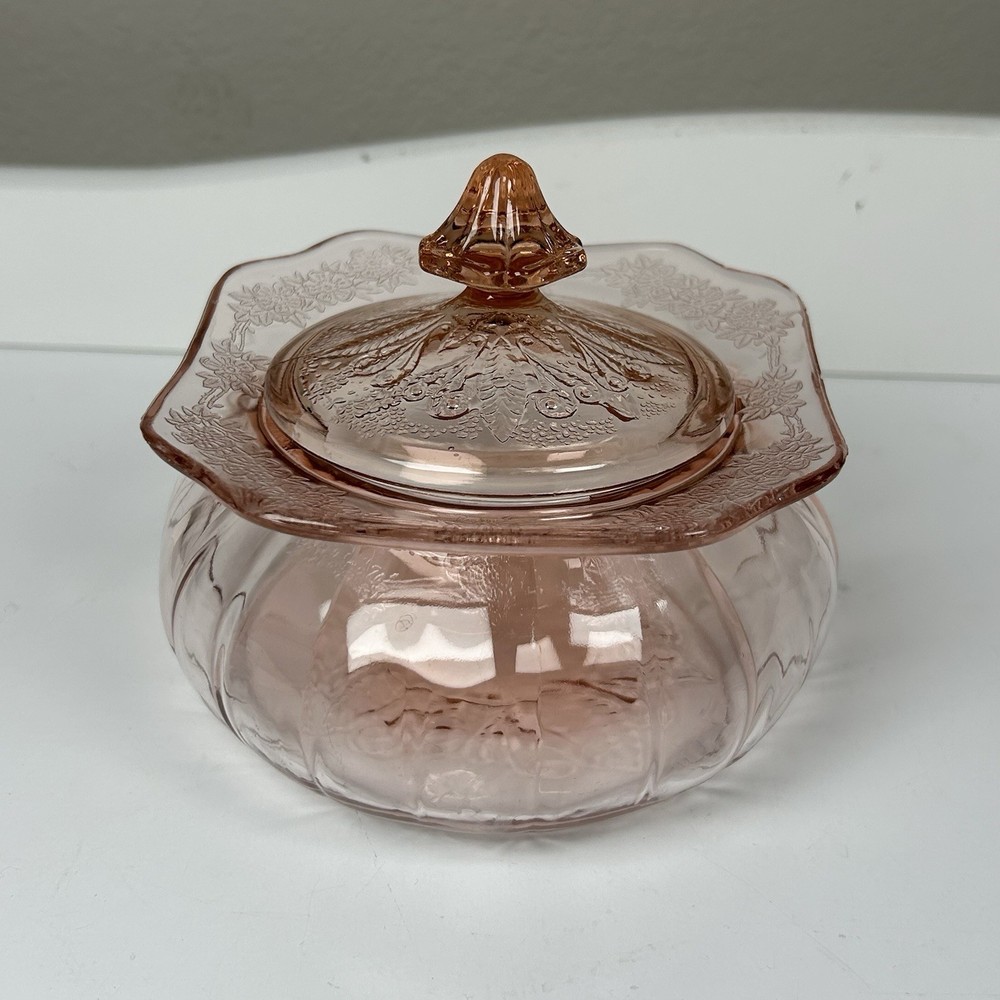 Jeanette Pink Selenium Depression Glass Adam Lidded Candy Dish Jar Vintage READ