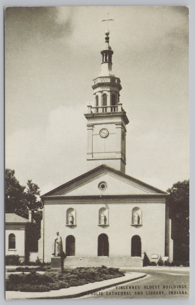 Church & Religious~Vincennes Indiana~Catholic Cathedral-Library~Vintage Postcard