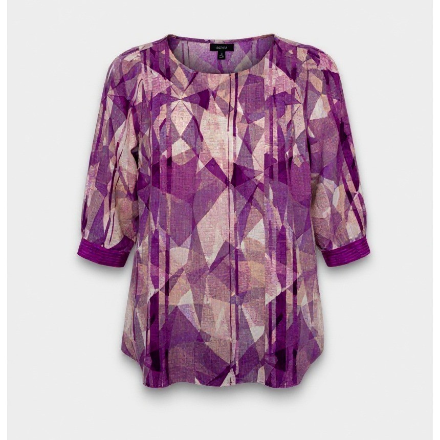NWT: Alfani Women's 1X Purple Geometric Print 3/4 Sleeve Pleated Blouse Top